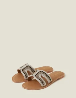 Accessorize Beaded Cut-Out Slide Sandals Black White Black