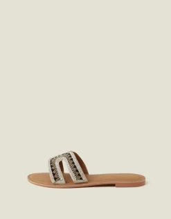 Accessorize Beaded Cut-Out Slide Sandals Black White Black