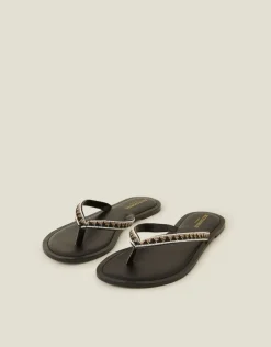 Accessorize Beaded Faux Leather Flip Flops Black