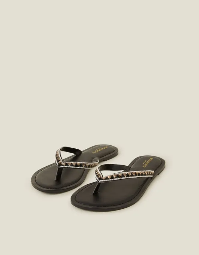 Accessorize Beaded Faux Leather Flip Flops Black