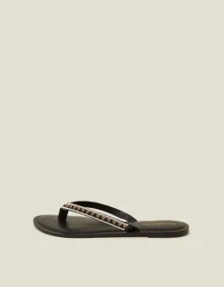 Accessorize Beaded Faux Leather Flip Flops Black