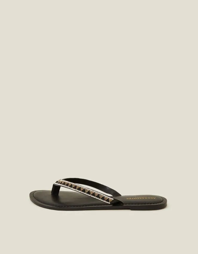 Accessorize Beaded Faux Leather Flip Flops Black