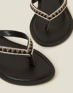 Accessorize Beaded Faux Leather Flip Flops Black