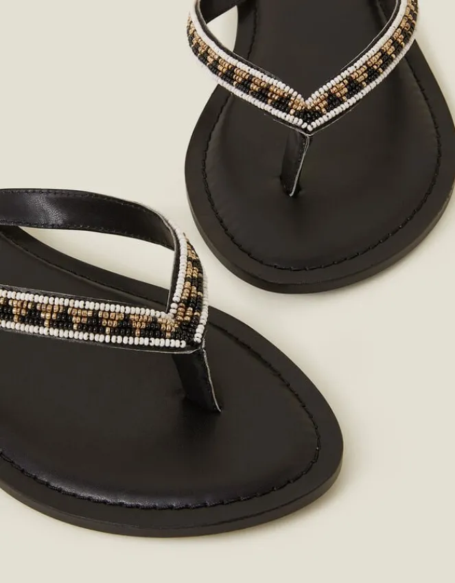 Accessorize Beaded Faux Leather Flip Flops Black