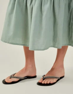 Accessorize Beaded Faux Leather Flip Flops Black