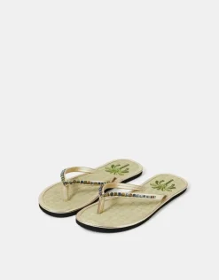 Accessorize Beaded Palm Seagrass Flip Flops Gold