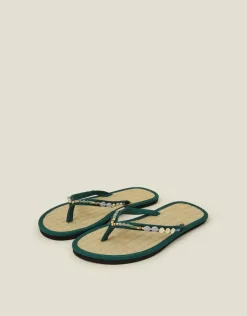 Accessorize Beaded Seagrass Footbed Flip Flops Green