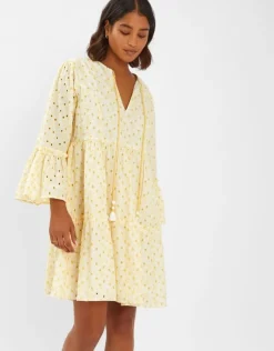 Accessorize Broderie Flute-Sleeve Mini Dress Yellow