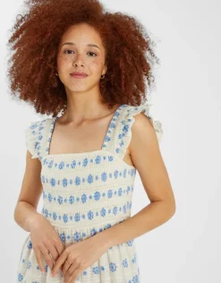 Accessorize Broderie Smocked Metallic Maxi Dress White