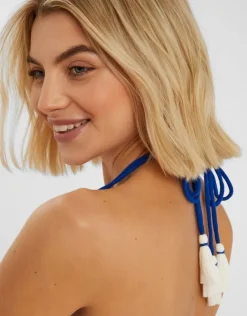 Accessorize Contrast Stitch Halter Mini Dress Blue