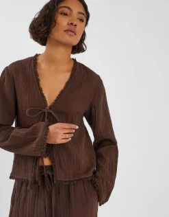 Accessorize Crinkle Long Sleeve Tie Top Brown