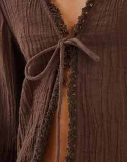 Accessorize Crinkle Long Sleeve Tie Top Brown