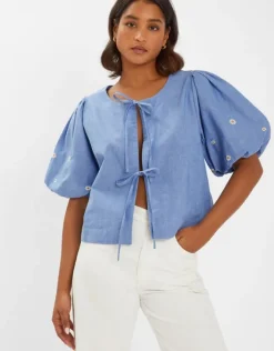 Accessorize Daisy Puff-Sleeve Tie Top Blue