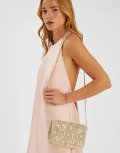 Accessorize Embellished Fold Over Clutch Bag Gold