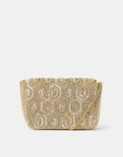 Accessorize Embellished Fold Over Clutch Bag Gold