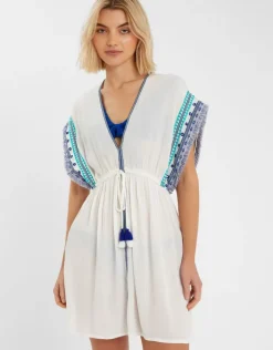 Accessorize Embroidered Fringe Mini Kaftan White