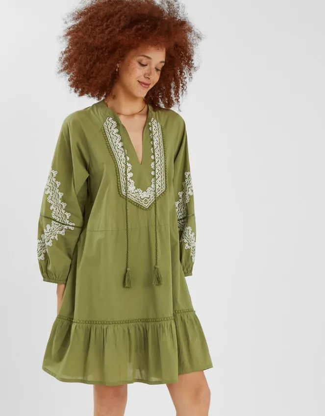Accessorize Embroidered Long Sleeve Mini Dress Green