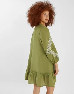Accessorize Embroidered Long Sleeve Mini Dress Green