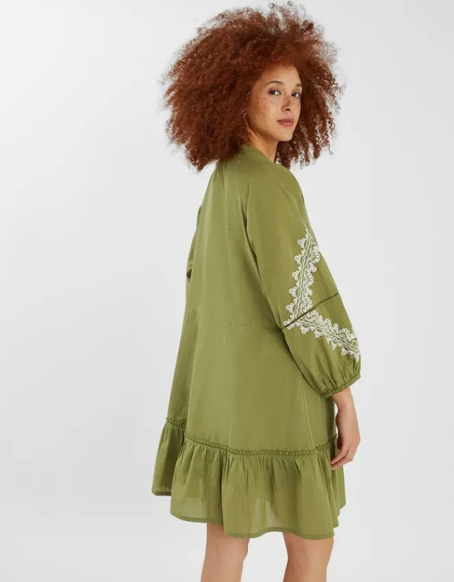 Accessorize Embroidered Long Sleeve Mini Dress Green