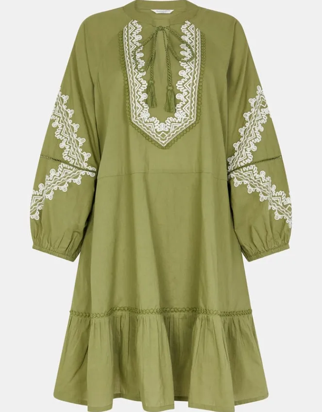 Accessorize Embroidered Long Sleeve Mini Dress Green