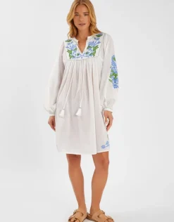 Accessorize Embroidered Long Sleeve Smock Dress White