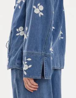 Accessorize Floral Embroidered Chambray Tie Jacket Blue