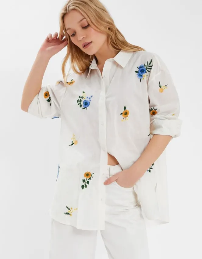 Accessorize Floral Embroidered Cotton Shirt White