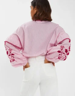 Accessorize Floral Embroidered Stripe Blouse Red