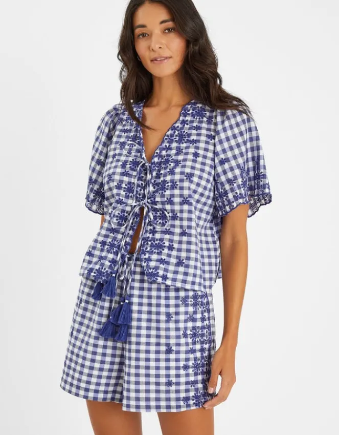 Accessorize Gingham Embroidered Shorts Blue