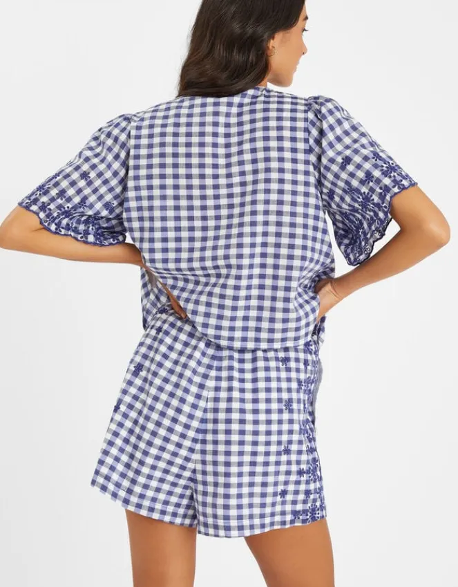 Accessorize Gingham Embroidered Shorts Blue