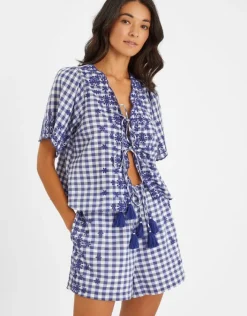 Accessorize Gingham Embroidered Tie Top Blue