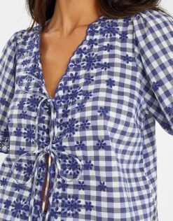 Accessorize Gingham Embroidered Tie Top Blue