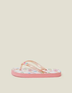Accessorize Girls Beach Print Glitter Flip Flops Multi