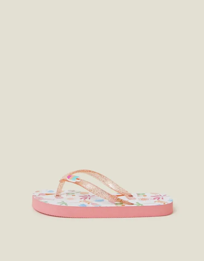 Accessorize Girls Beach Print Glitter Flip Flops Multi