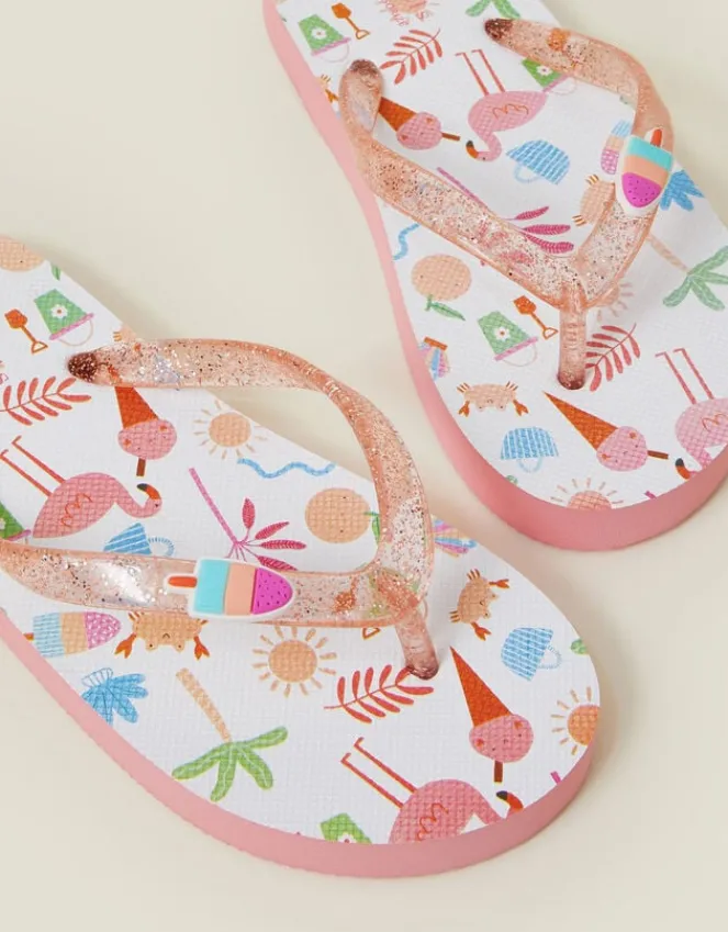 Accessorize Girls Beach Print Glitter Flip Flops Multi