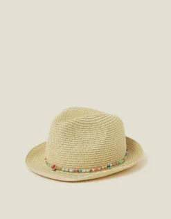 Accessorize Girls Beaded Band Straw Hat Natural