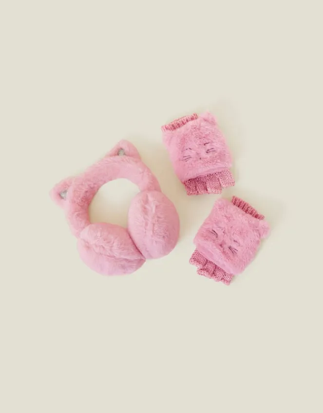 Accessorize Girls Cat Faux Fur Earmuffs and Gloves Set Pink