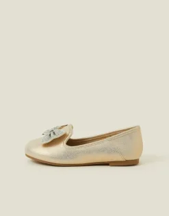 Accessorize Girls Diamante Bow Metallic Ballet Flats Gold