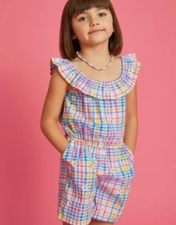 Accessorize Girls Floral Embroidered Check Bardot Playsuit Multi