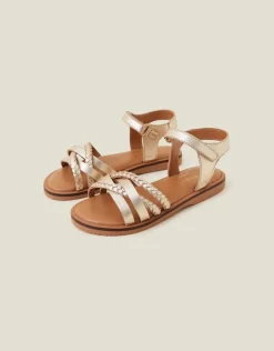Accessorize Girls Plait Leather Sandals Gold