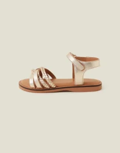Accessorize Girls Plait Leather Sandals Gold