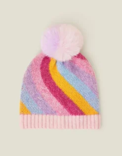 Accessorize Girls Stripe Fluffy Pom Beanie Hat Multi