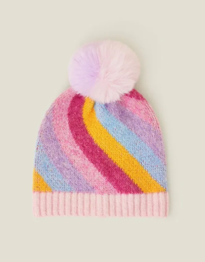 Accessorize Girls Stripe Fluffy Pom Beanie Hat Multi