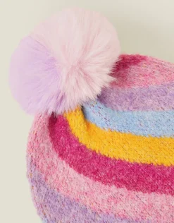 Accessorize Girls Stripe Fluffy Pom Beanie Hat Multi