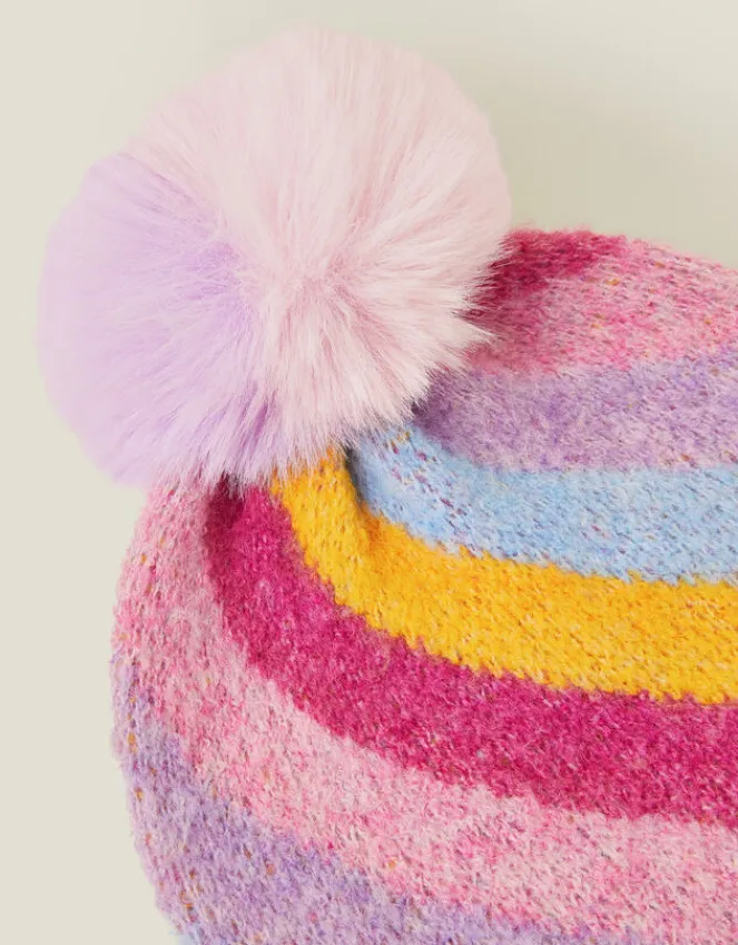 Accessorize Girls Stripe Fluffy Pom Beanie Hat Multi
