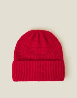 Accessorize Knitted Rib Check Beanie Hat Red