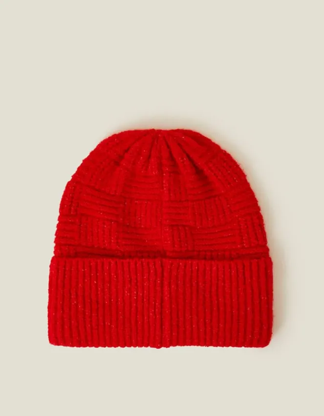Accessorize Knitted Rib Check Beanie Hat Red