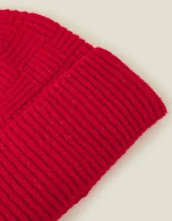 Accessorize Knitted Rib Check Beanie Hat Red