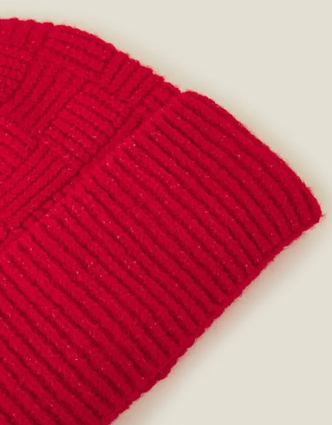 Accessorize Knitted Rib Check Beanie Hat Red