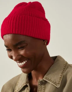Accessorize Knitted Rib Check Beanie Hat Red